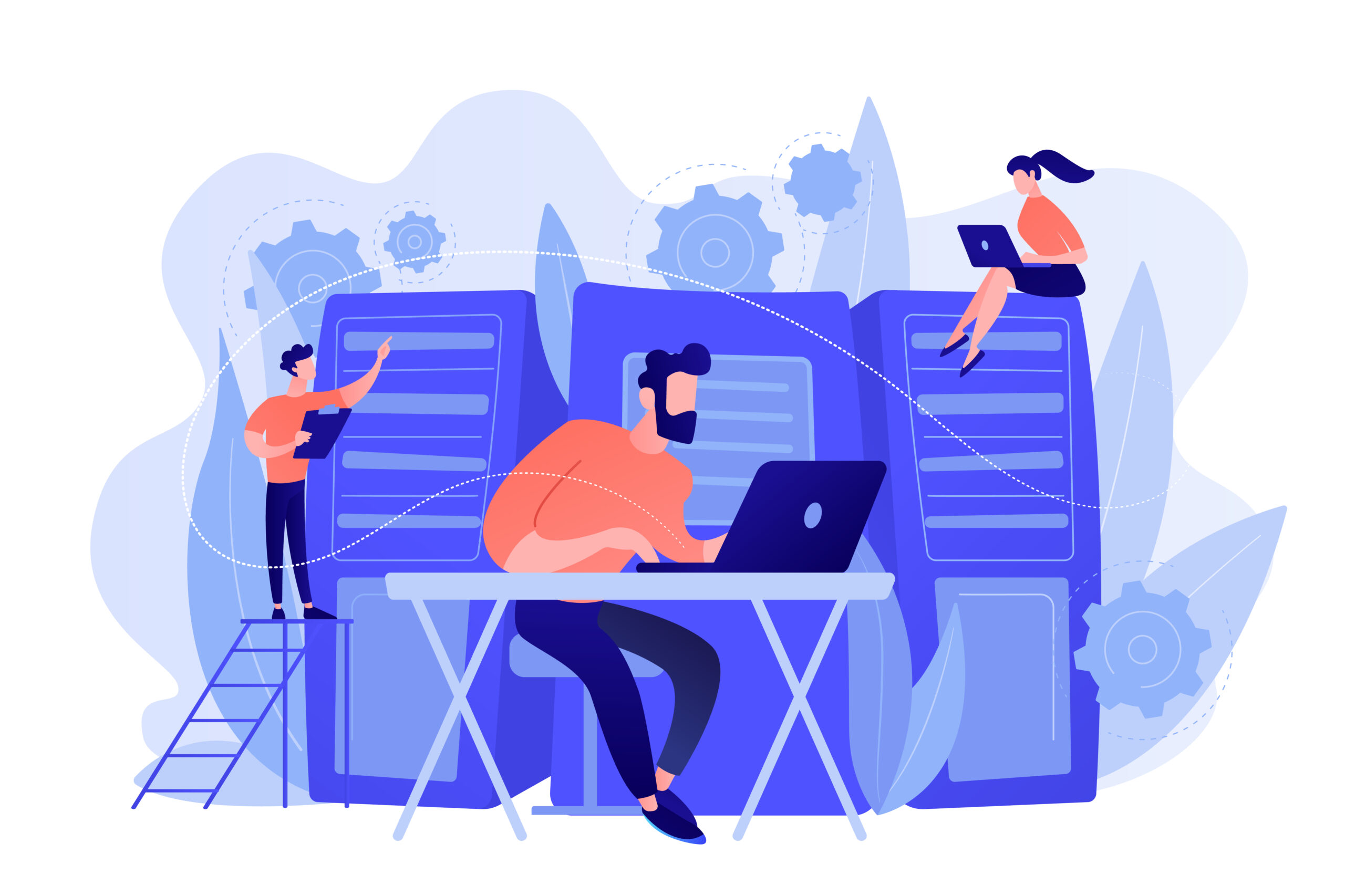 System administration concept vector illustration System administrators or sysadmins are servicing server racks. System administration, upkeeping, configuration of computer systems and networks concept. Pinkish coral blue palette. Vector illustration